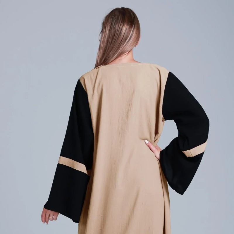 Abaya with Black Show Buttons on the Front in Beige