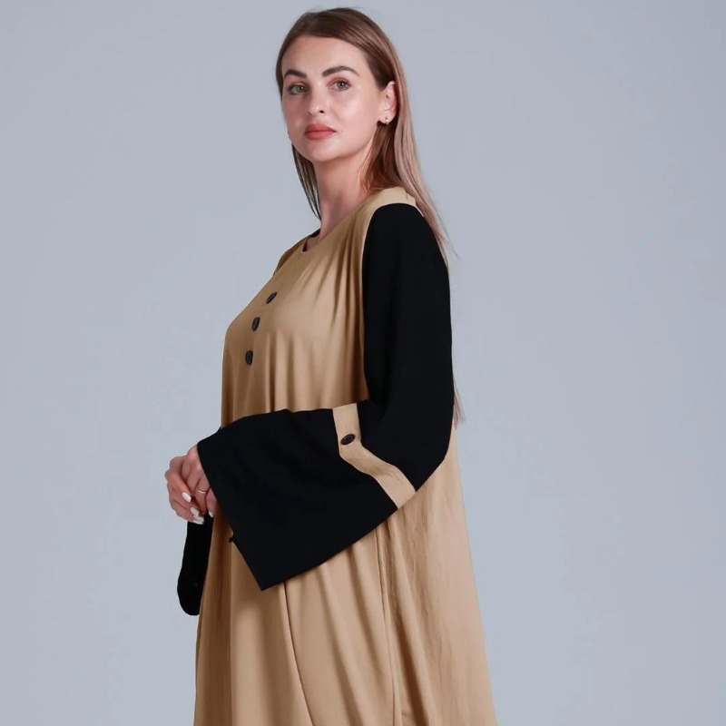 Abaya with Black Show Buttons on the Front in Beige