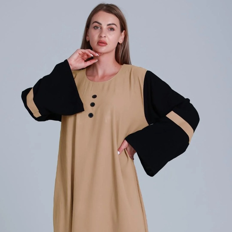 Abaya with Black Show Buttons on the Front in Beige