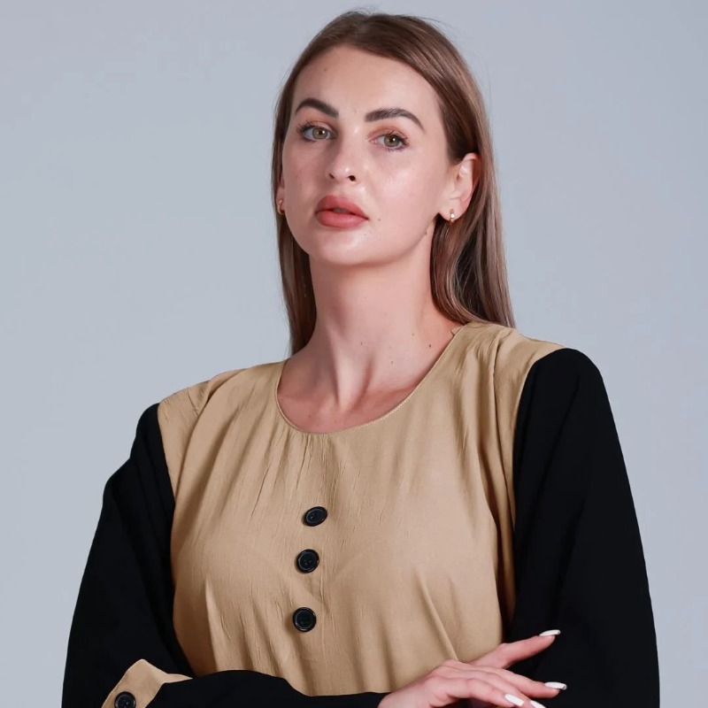 Abaya with Black Show Buttons on the Front in Beige