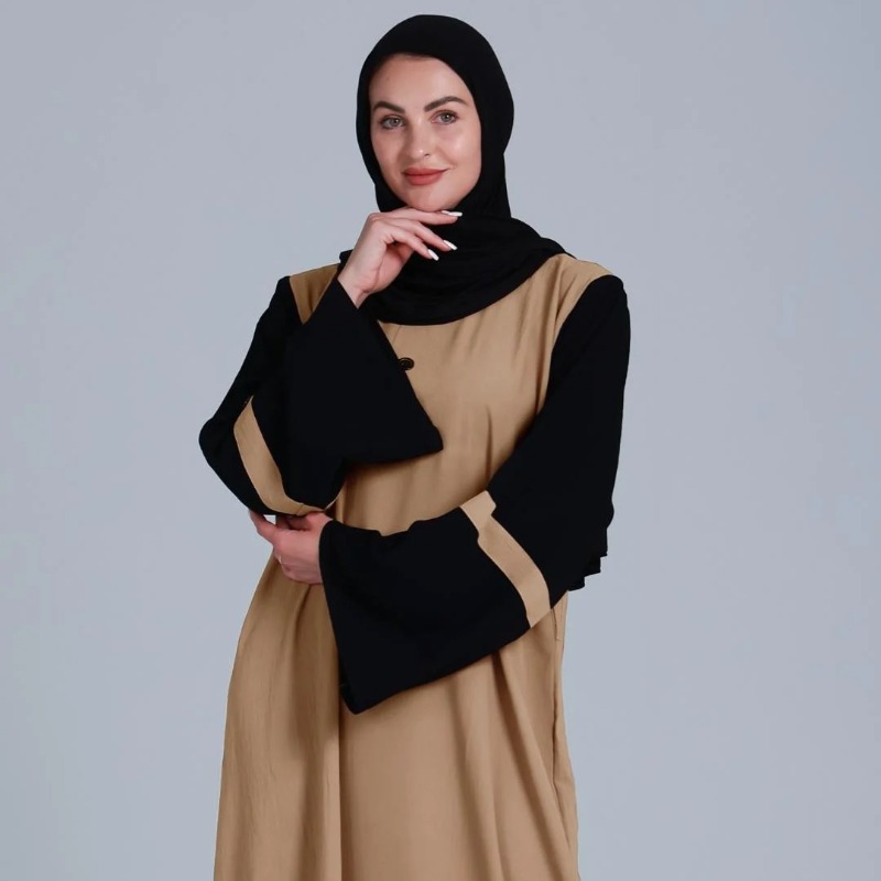 Abaya with Black Show Buttons on the Front in Beige